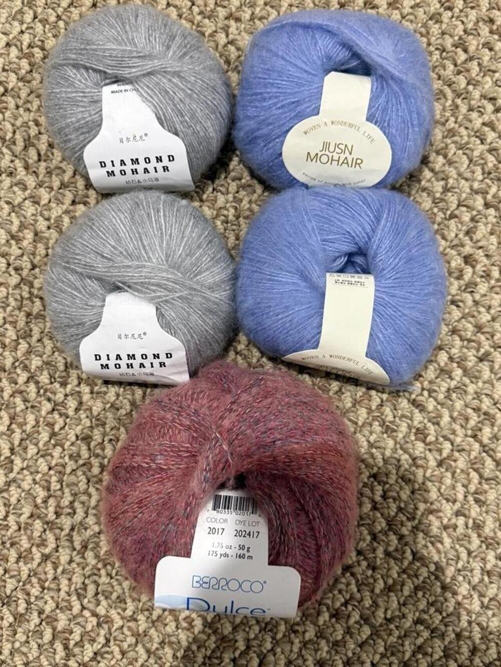 Mohair yarn bundle in gray, blue, and pink